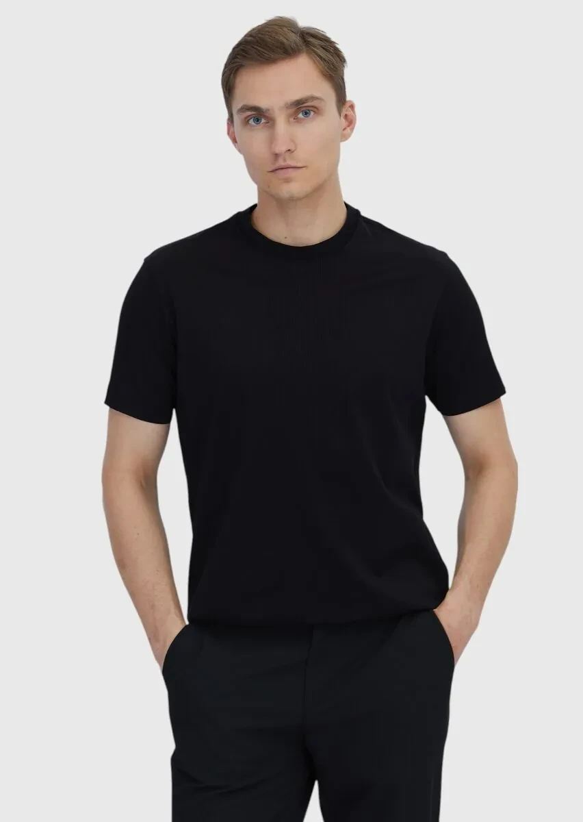 Siyah Jakarlı Bisiklet Yaka %100 Pamuk T-Shirt - 1