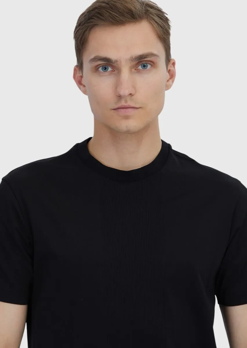 Siyah Jakarlı Bisiklet Yaka %100 Pamuk T-Shirt - 3