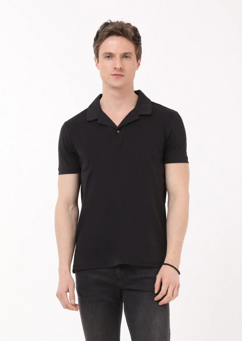Siyah Jakarlı Küba Yaka %100 Pamuk T-Shirt - 1