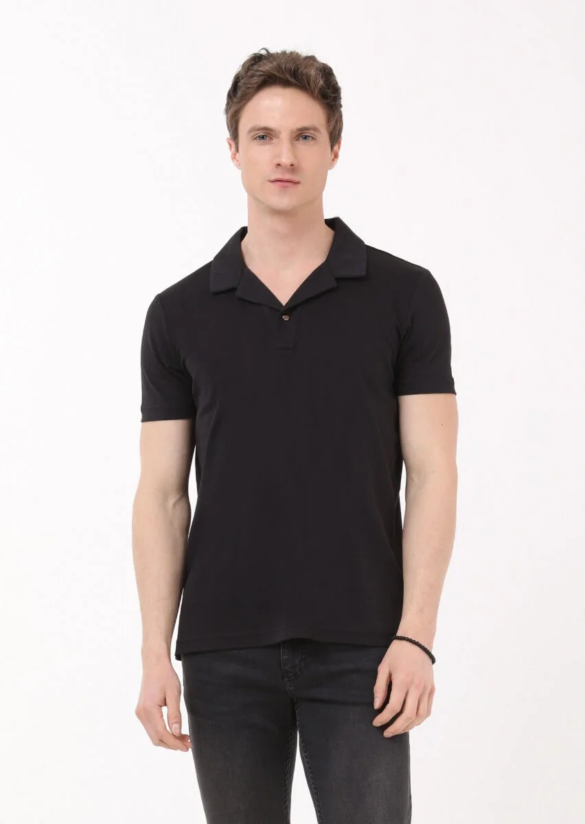 Siyah Jakarlı Küba Yaka %100 Pamuk T-Shirt - 1