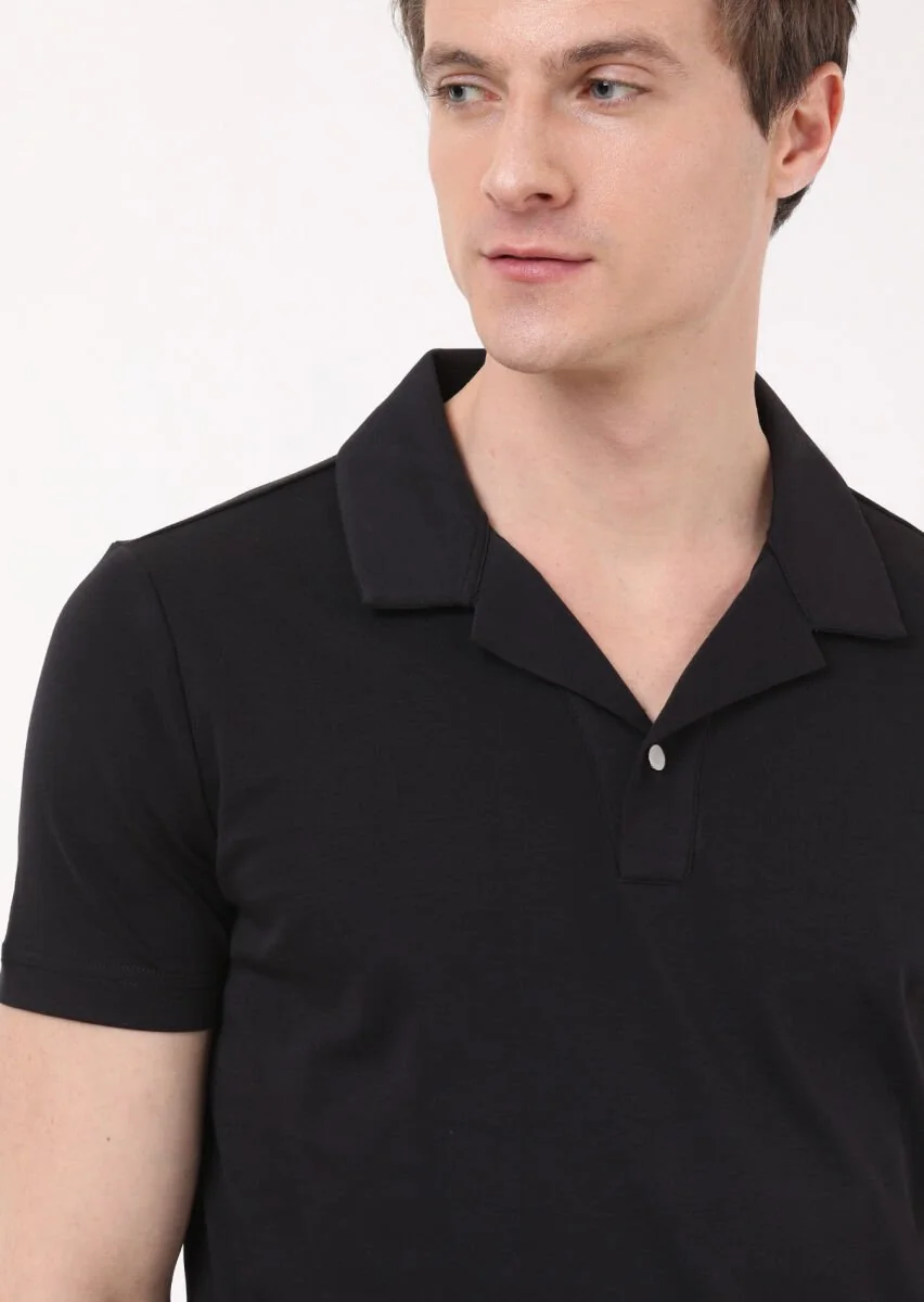 Siyah Jakarlı Küba Yaka %100 Pamuk T-Shirt - 2