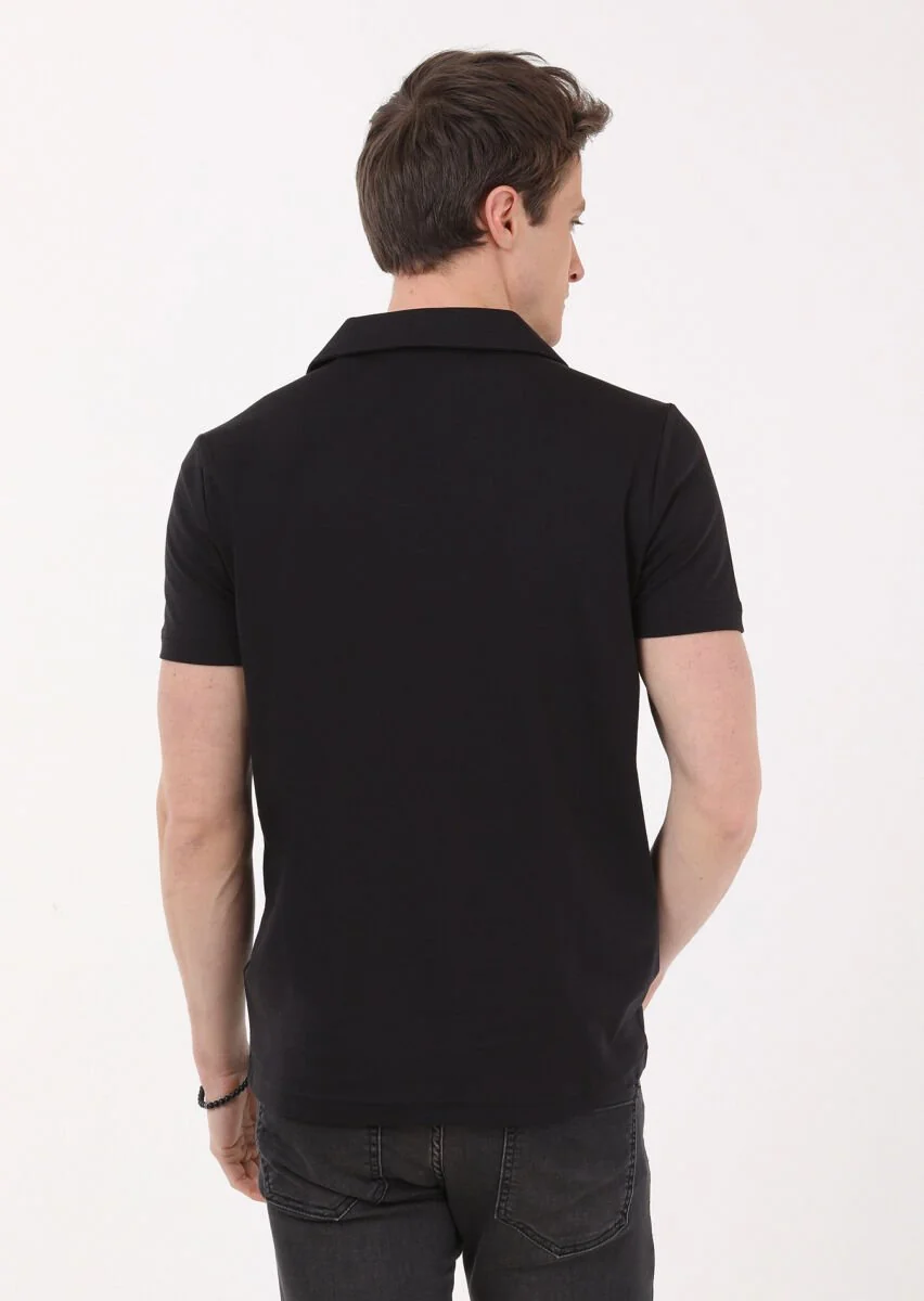 Siyah Jakarlı Küba Yaka %100 Pamuk T-Shirt - 4