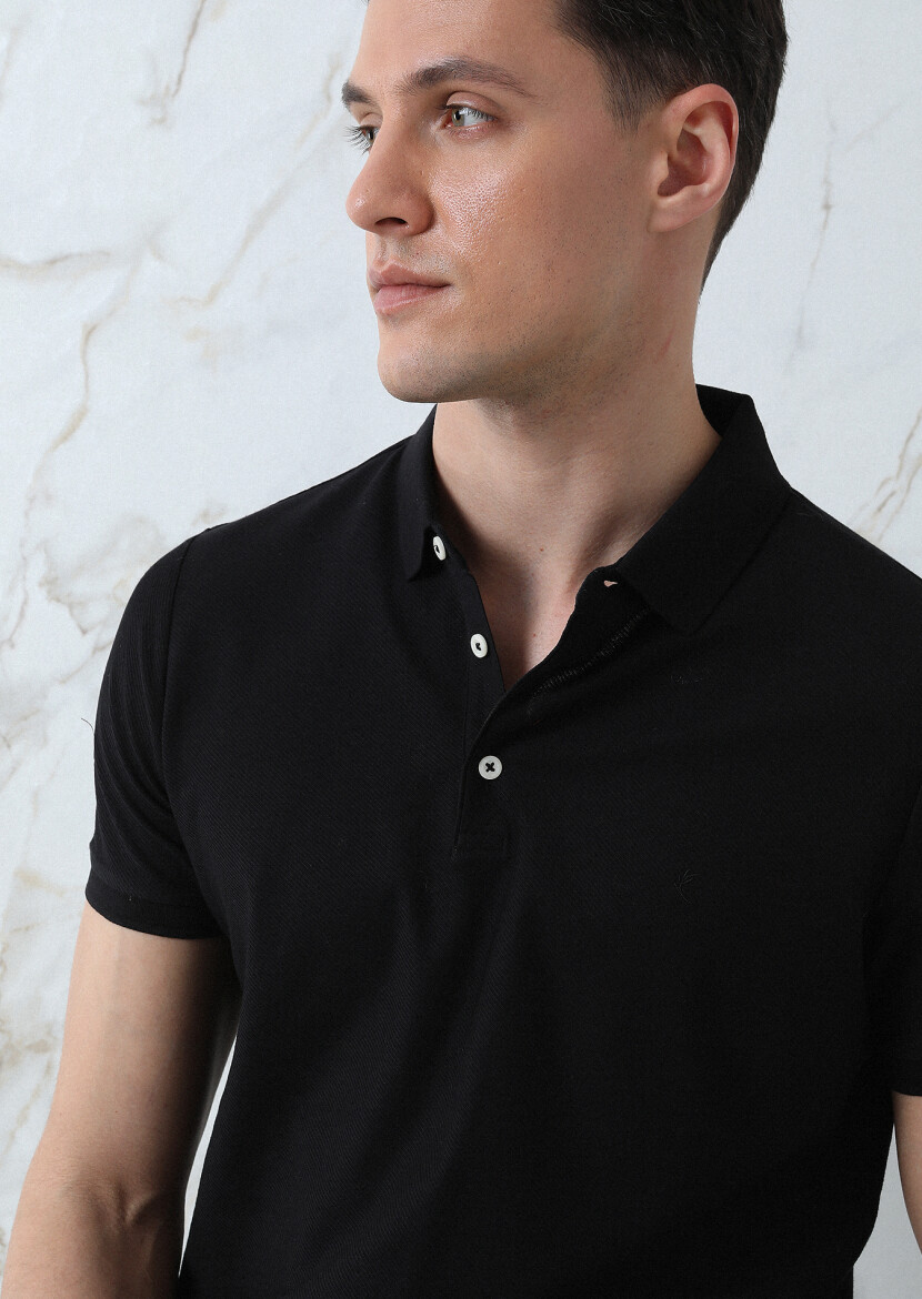 Siyah Jakarlı Polo Yaka %100 Pamuk T-Shirt - 1