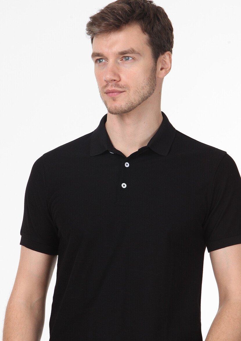 Siyah Jakarlı Polo Yaka %100 Pamuk T-Shirt 