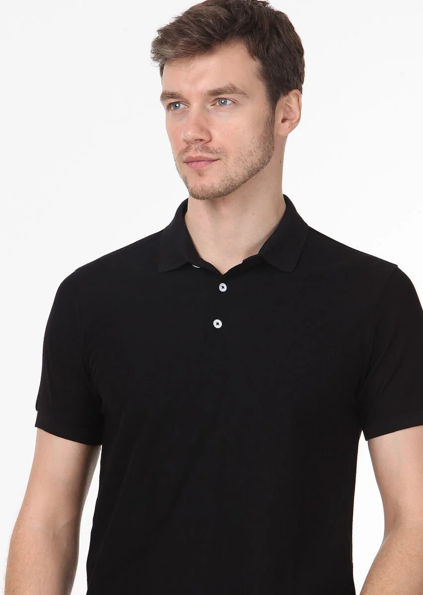 Siyah Jakarlı Polo Yaka %100 Pamuk T-Shirt - 2