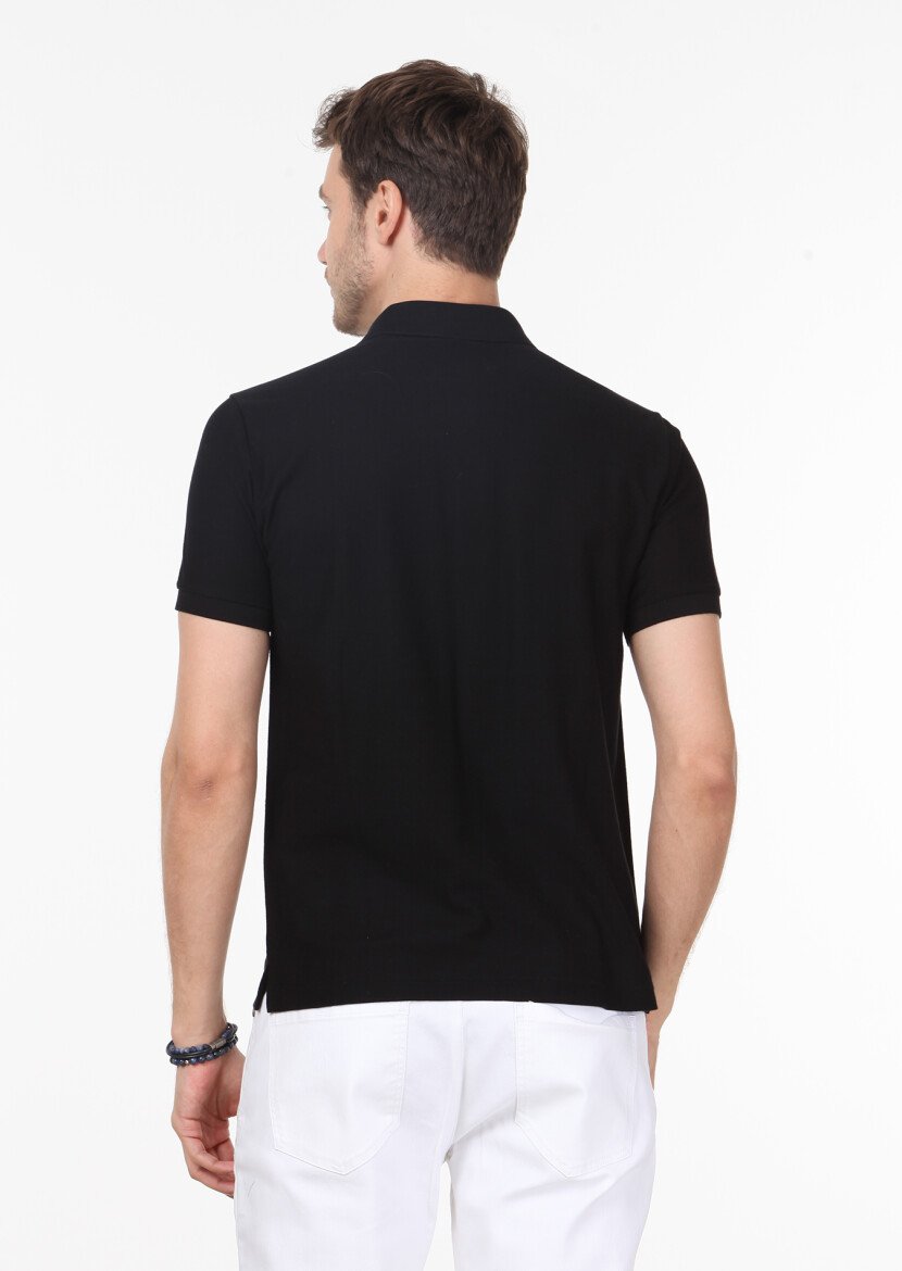 Siyah Jakarlı Polo Yaka %100 Pamuk T-Shirt - 4