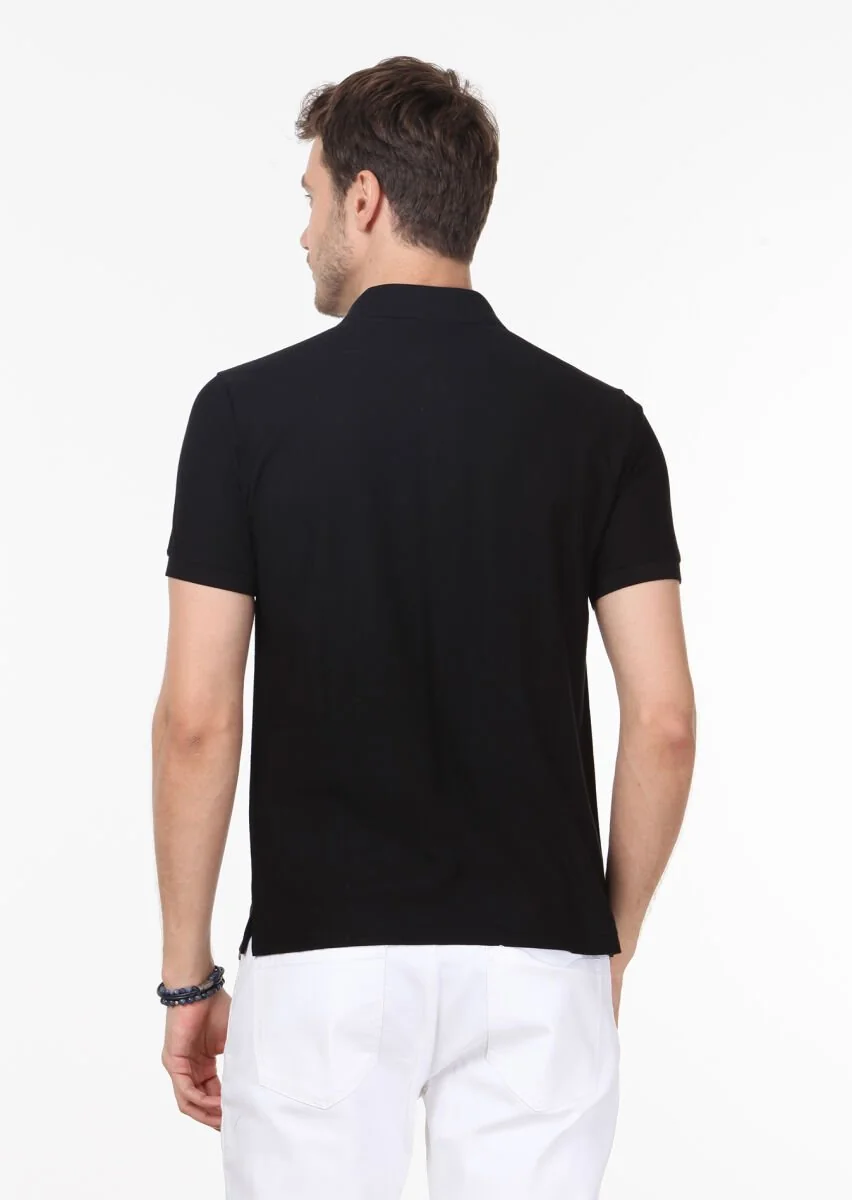 Siyah Jakarlı Polo Yaka %100 Pamuk T-Shirt - 4