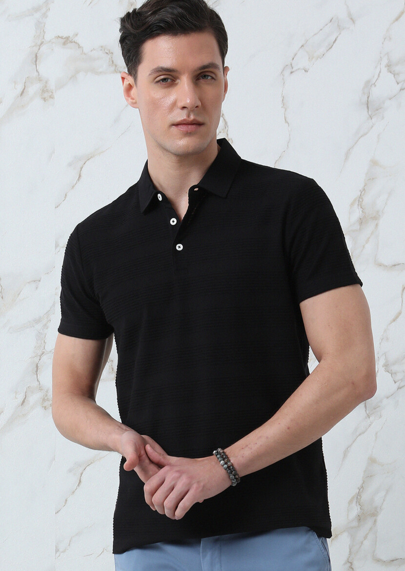 Siyah Jakarlı Polo Yaka %100 Pamuk T-Shirt 