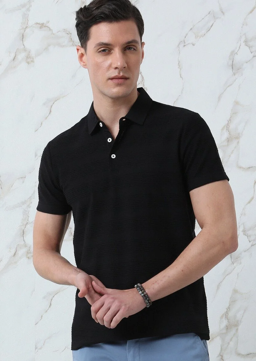 Siyah Jakarlı Polo Yaka %100 Pamuk T-Shirt - 2