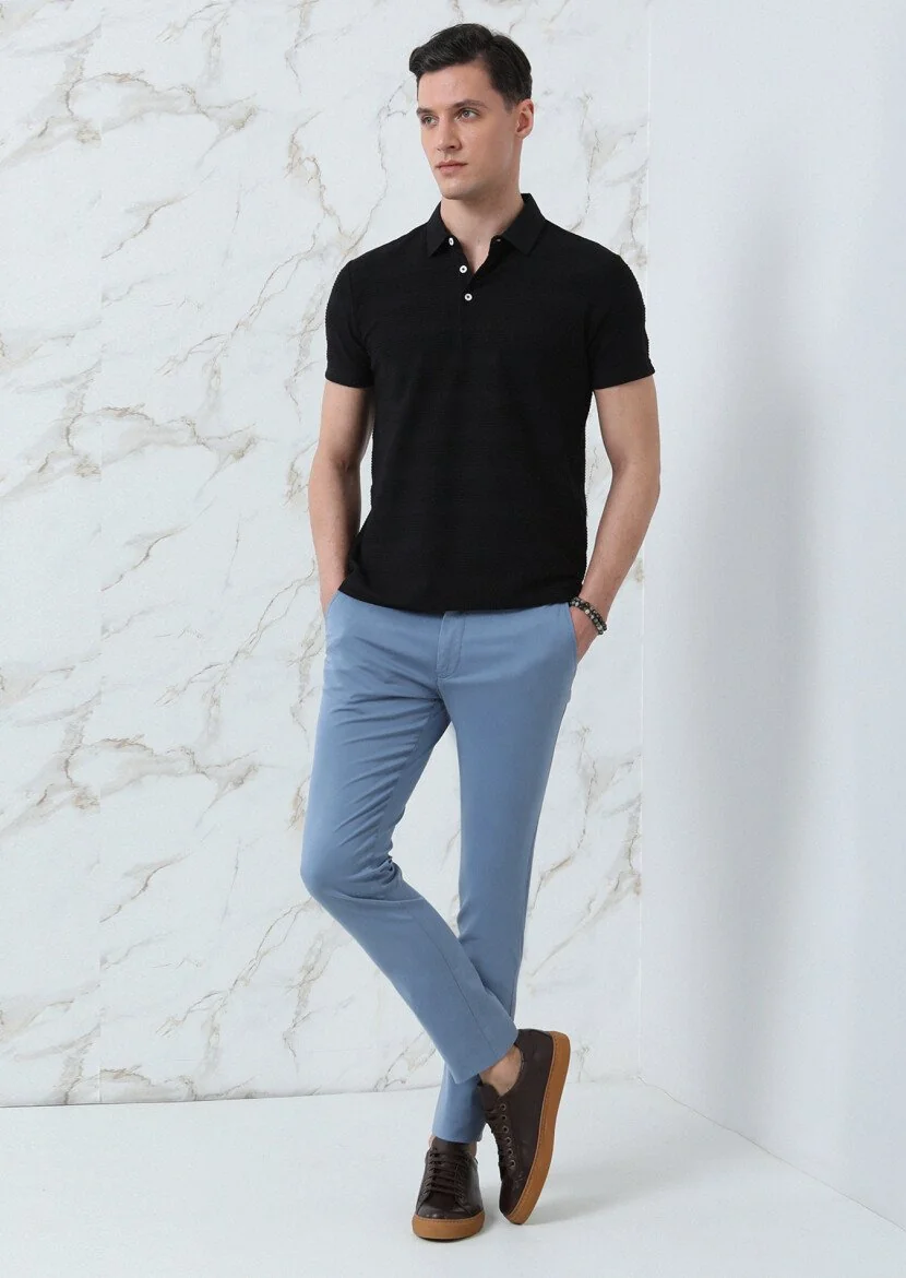 Siyah Jakarlı Polo Yaka %100 Pamuk T-Shirt - 4