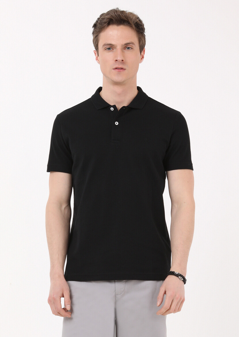Siyah Jakarlı Polo Yaka %100 Pamuk T-Shirt - 1