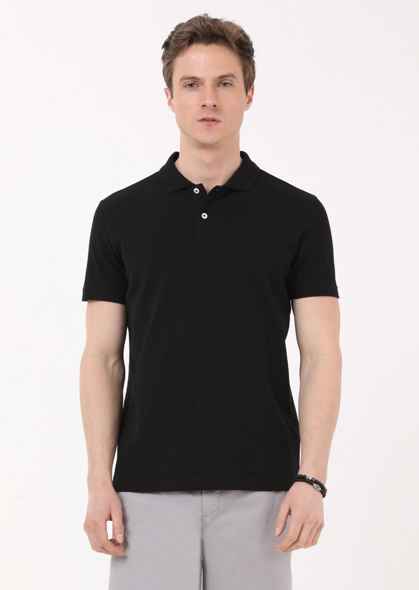 Siyah Jakarlı Polo Yaka %100 Pamuk T-Shirt - 1