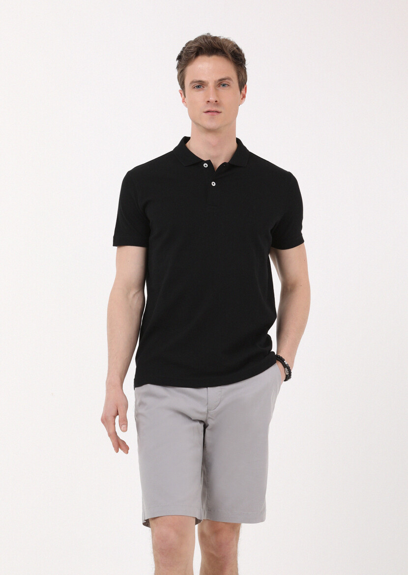 Siyah Jakarlı Polo Yaka %100 Pamuk T-Shirt 