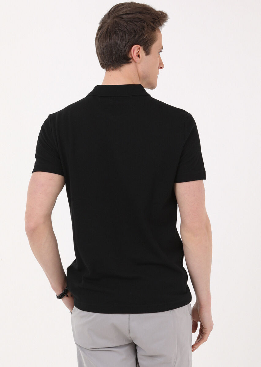Siyah Jakarlı Polo Yaka %100 Pamuk T-Shirt - 4