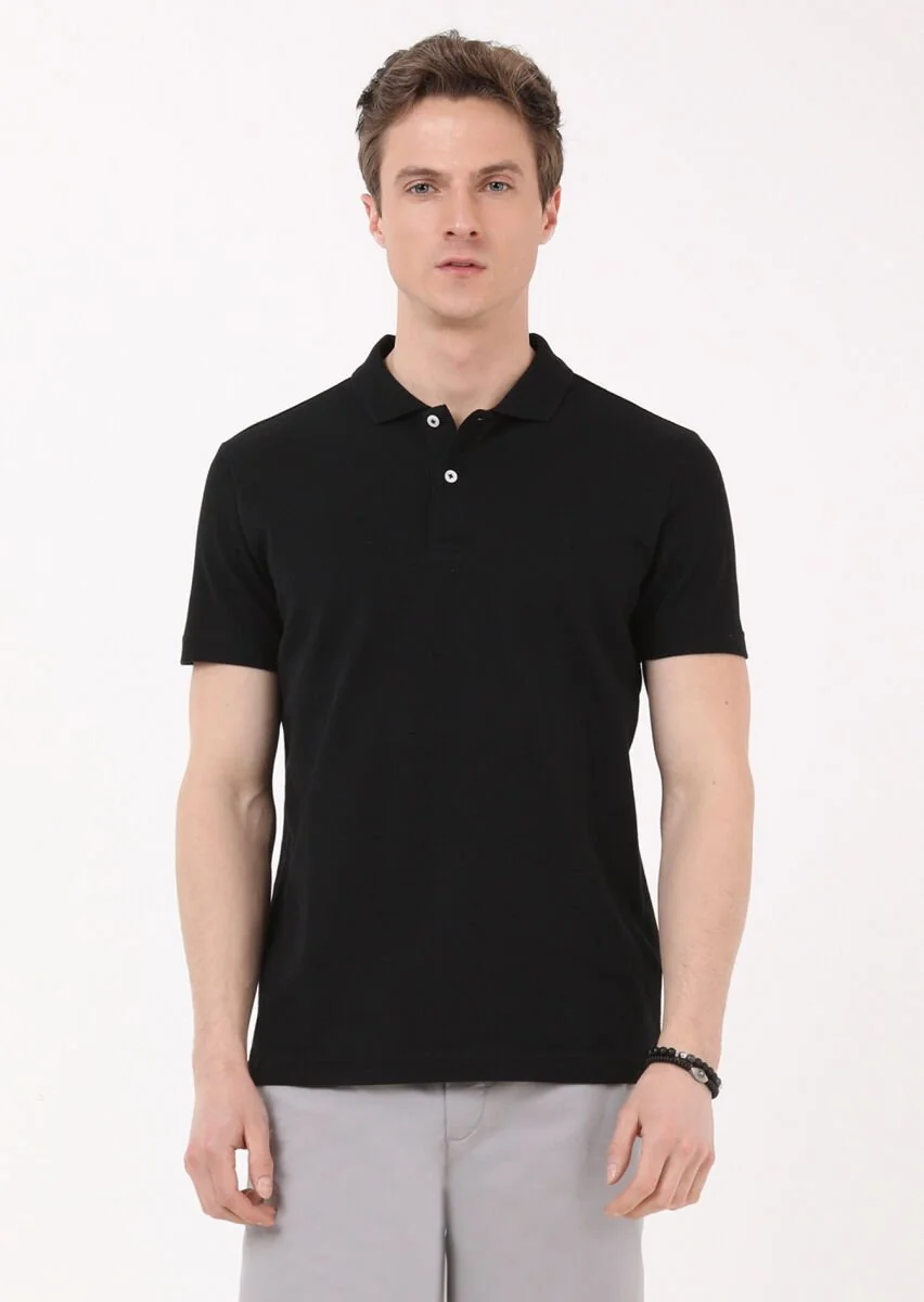 Siyah Jakarlı Polo Yaka %100 Pamuk T-Shirt - 1
