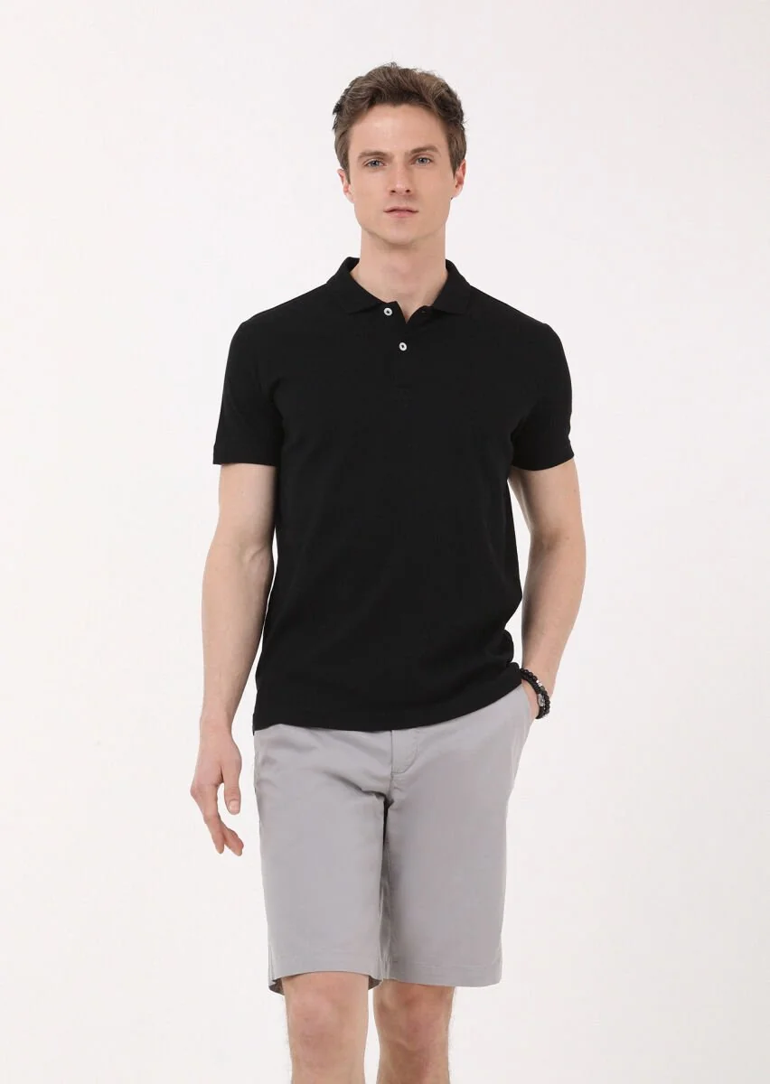 Siyah Jakarlı Polo Yaka %100 Pamuk T-Shirt - 2