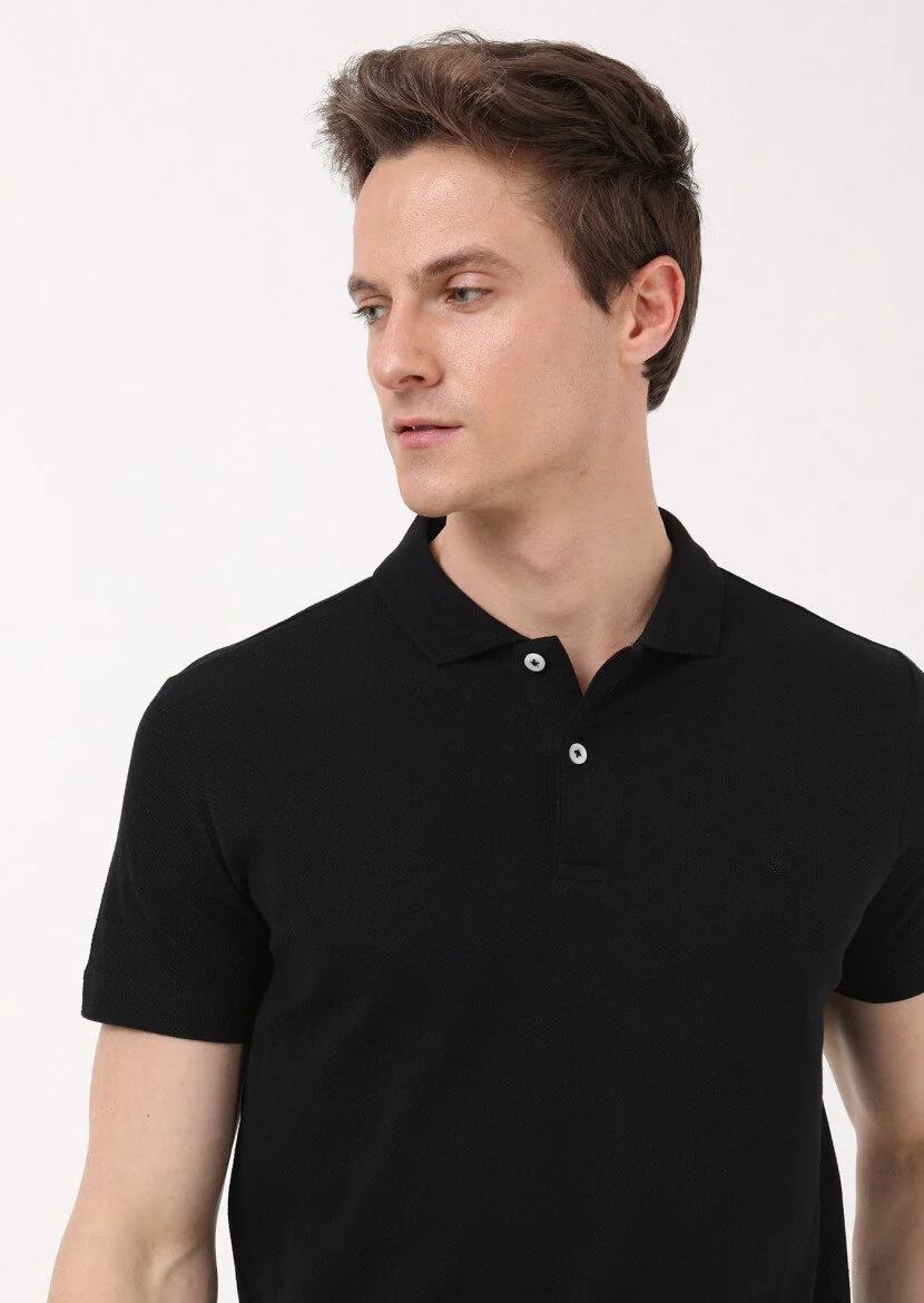 Siyah Jakarlı Polo Yaka %100 Pamuk T-Shirt - 3