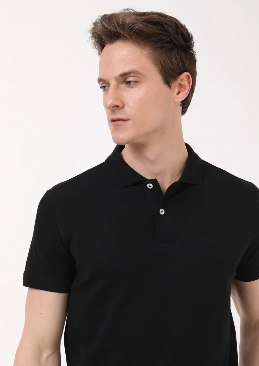 Siyah Jakarlı Polo Yaka %100 Pamuk T-Shirt - 3
