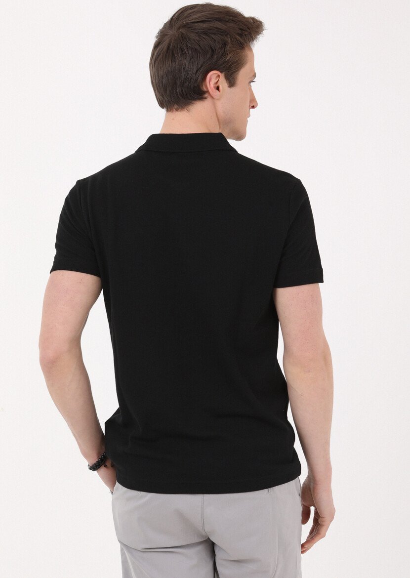 Siyah Jakarlı Polo Yaka %100 Pamuk T-Shirt - 4