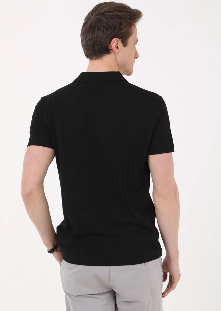 Siyah Jakarlı Polo Yaka %100 Pamuk T-Shirt - 4