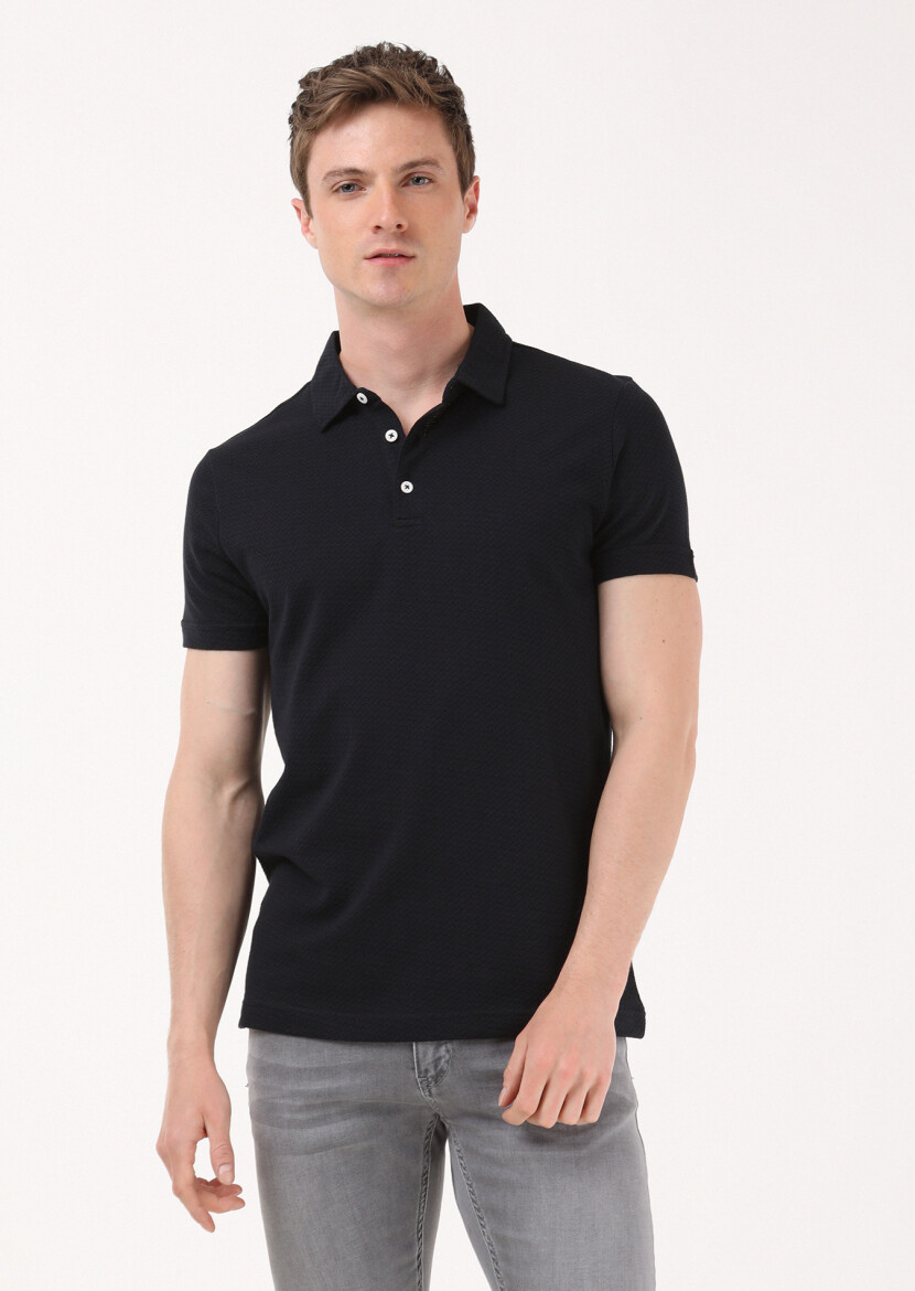 Siyah Jakarlı Polo Yaka %100 Pamuk T-Shirt - 3