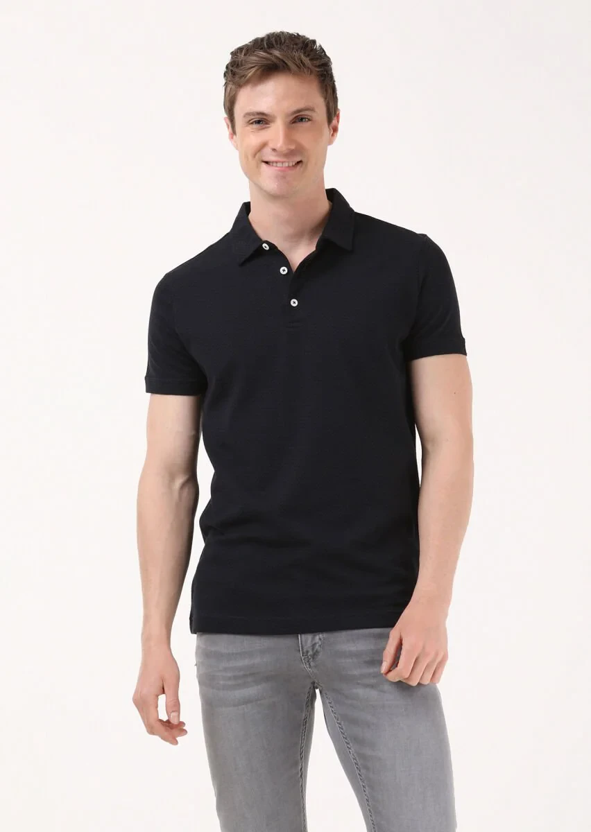 Siyah Jakarlı Polo Yaka %100 Pamuk T-Shirt - 1