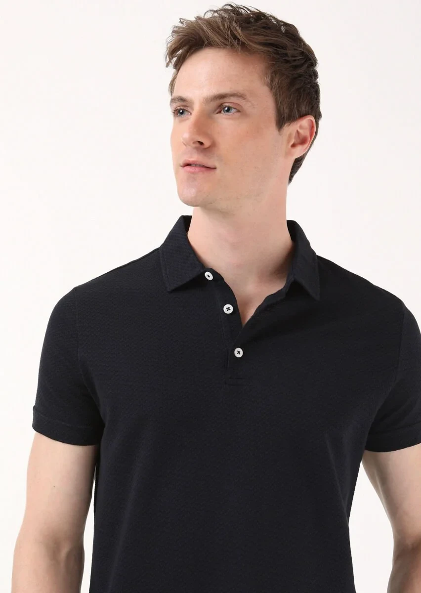 Siyah Jakarlı Polo Yaka %100 Pamuk T-Shirt - 2