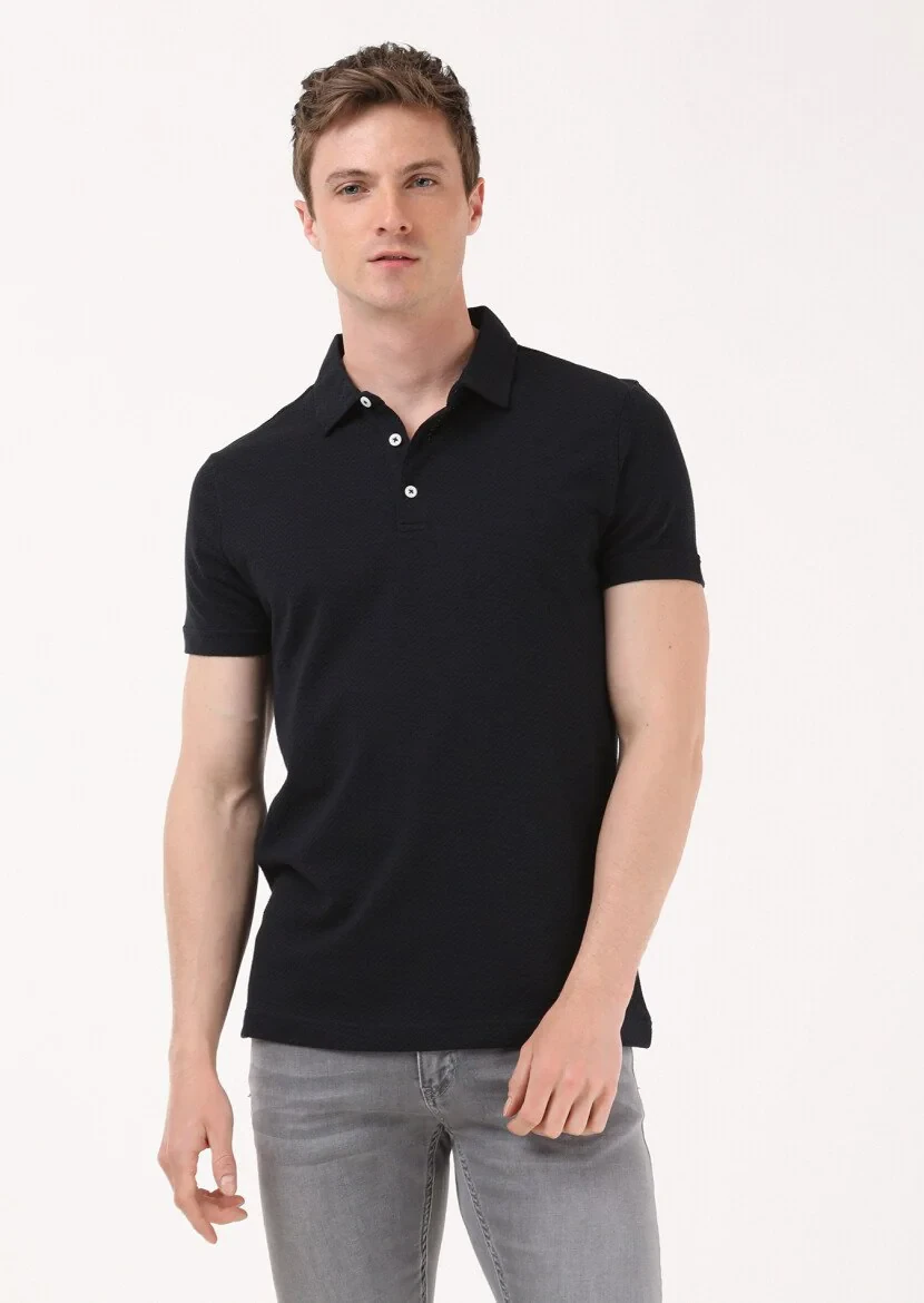 Siyah Jakarlı Polo Yaka %100 Pamuk T-Shirt - 3