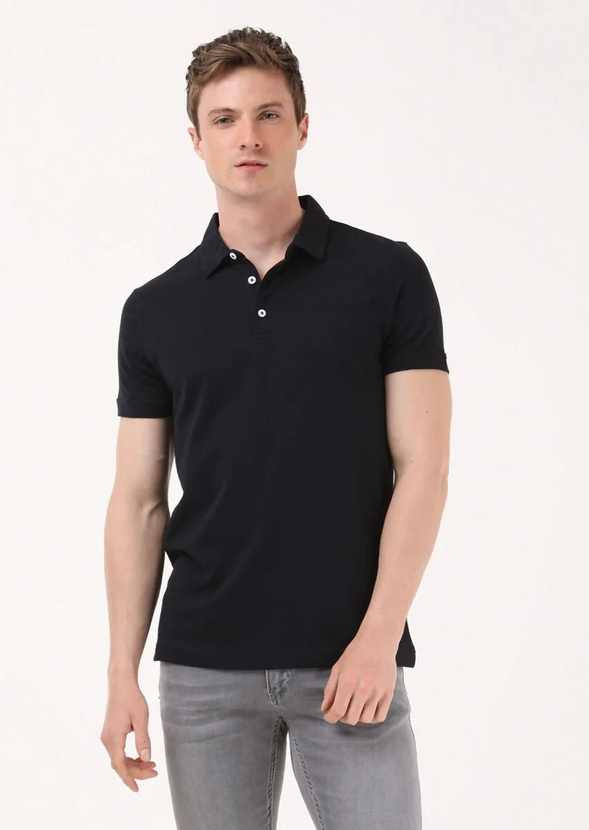 Siyah Jakarlı Polo Yaka %100 Pamuk T-Shirt - 3