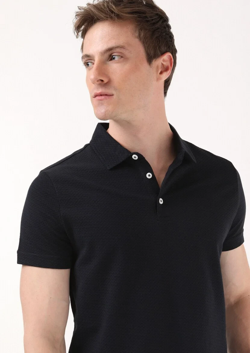 Siyah Jakarlı Polo Yaka %100 Pamuk T-Shirt - 4