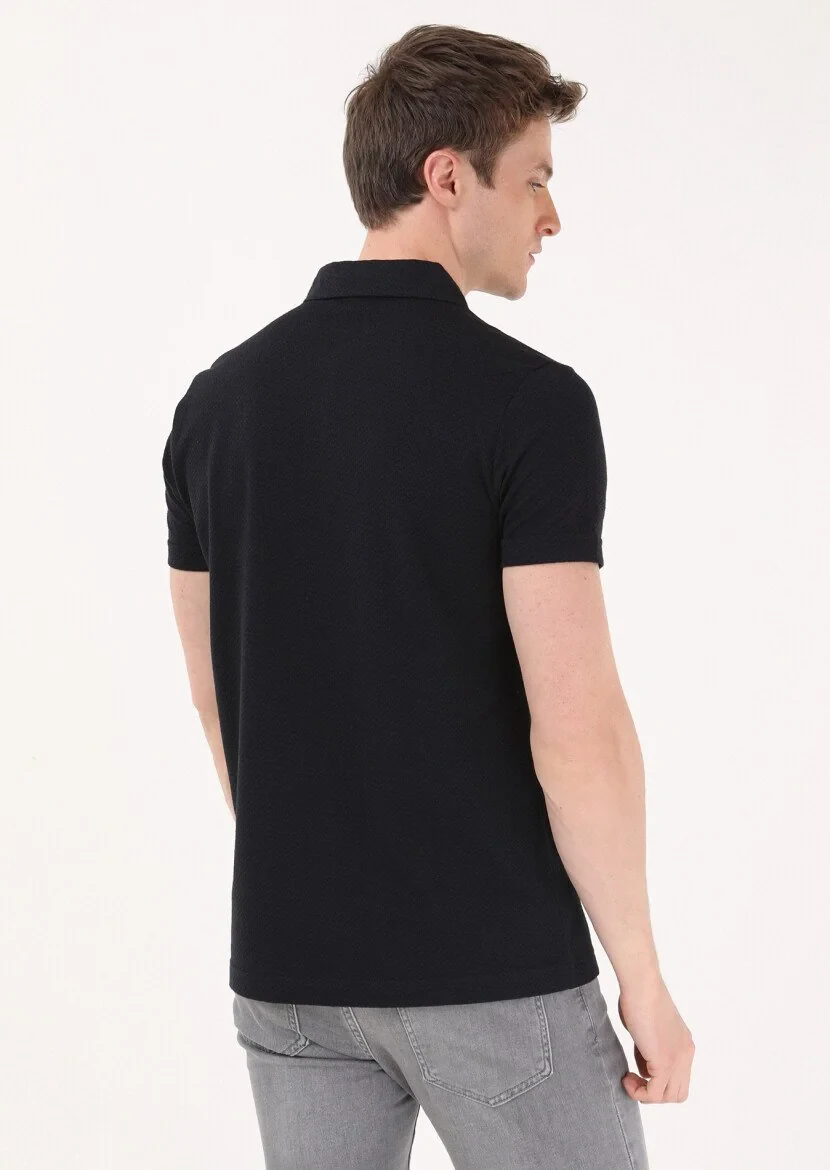 Siyah Jakarlı Polo Yaka %100 Pamuk T-Shirt - 5