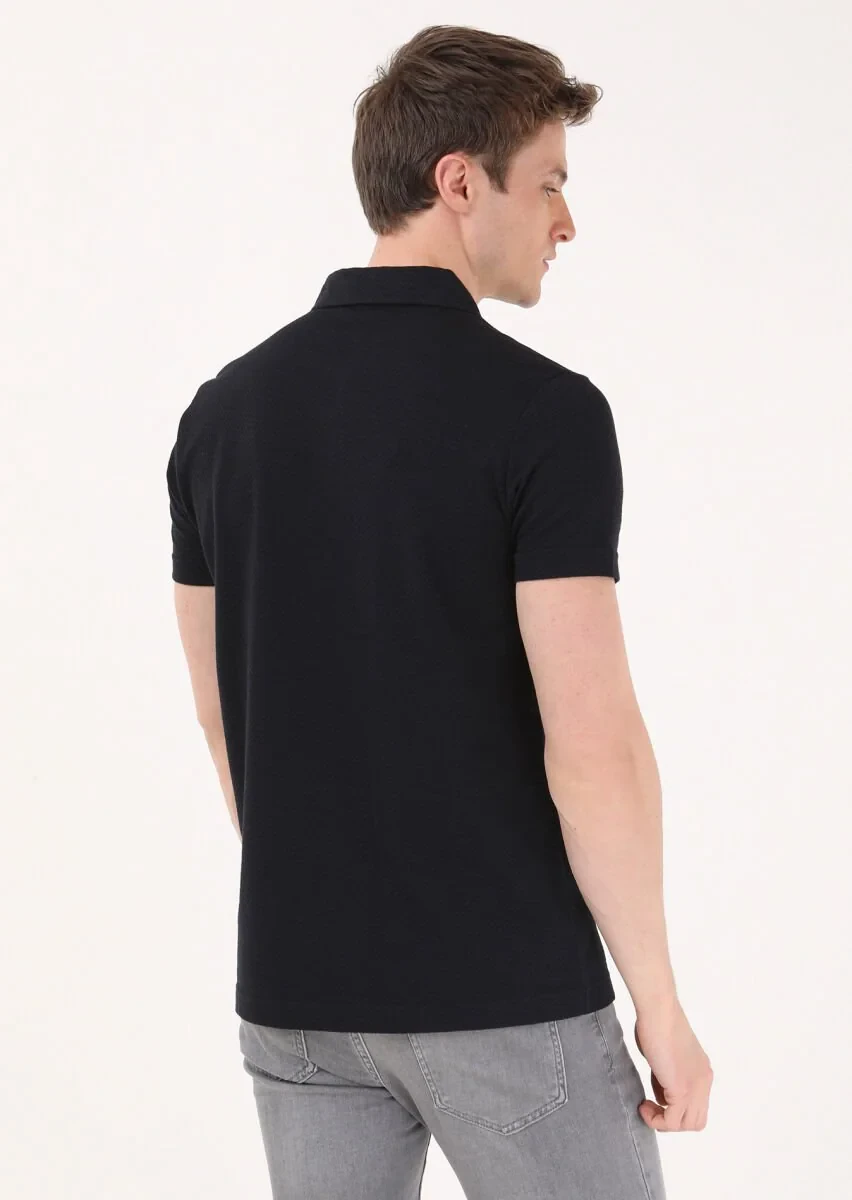Siyah Jakarlı Polo Yaka %100 Pamuk T-Shirt - 5