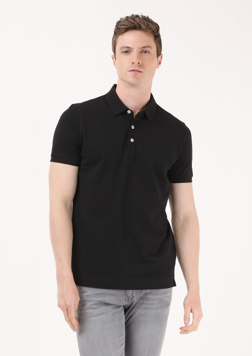 Siyah Jakarlı Polo Yaka %100 Pamuk T-Shirt - 1