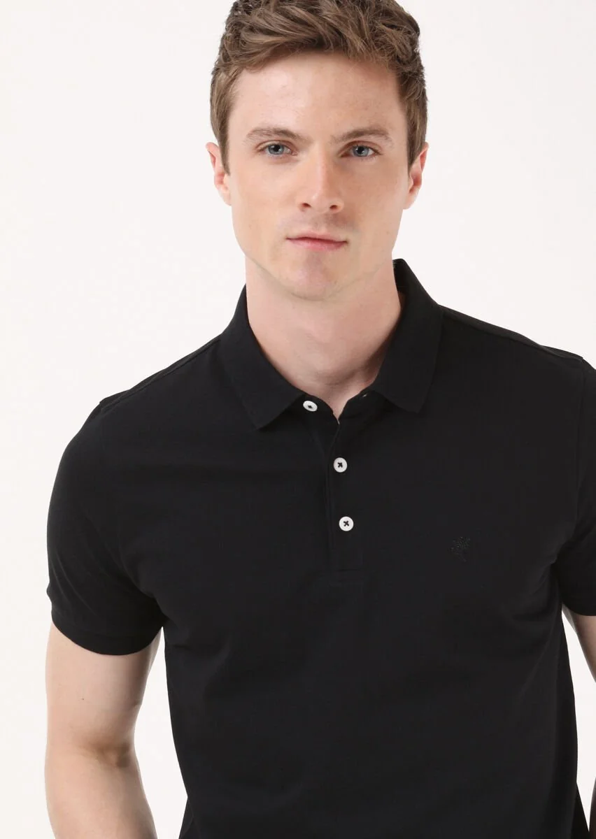Siyah Jakarlı Polo Yaka %100 Pamuk T-Shirt - 4