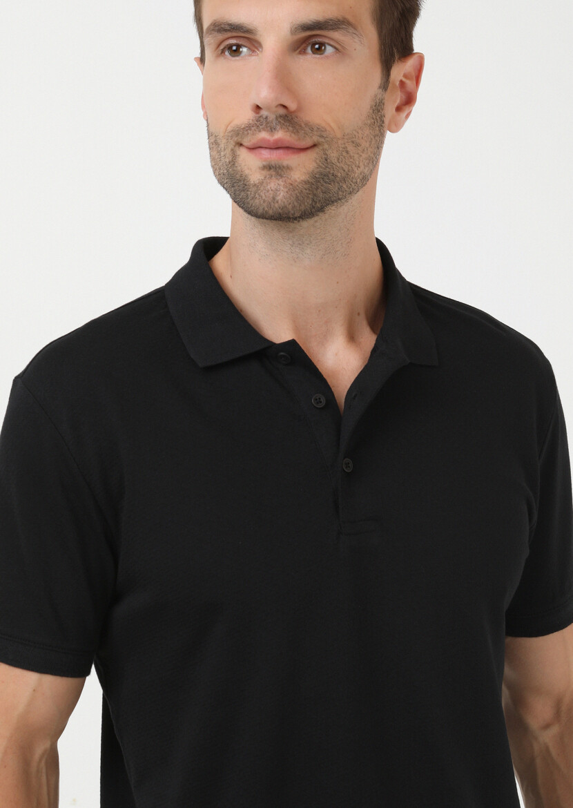 Siyah Jakarlı Polo Yaka %100 Pamuk T-Shirt - 3
