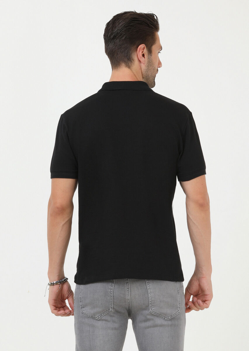 Siyah Jakarlı Polo Yaka %100 Pamuk T-Shirt - 4