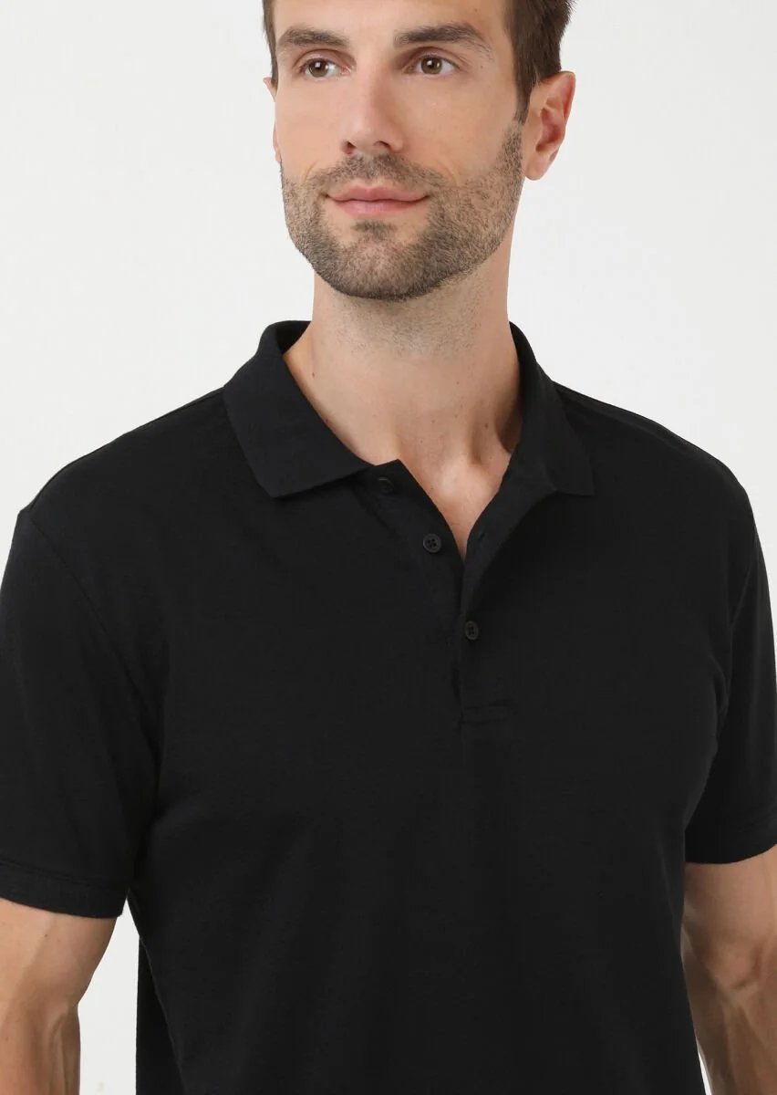 Siyah Jakarlı Polo Yaka %100 Pamuk T-Shirt - 3