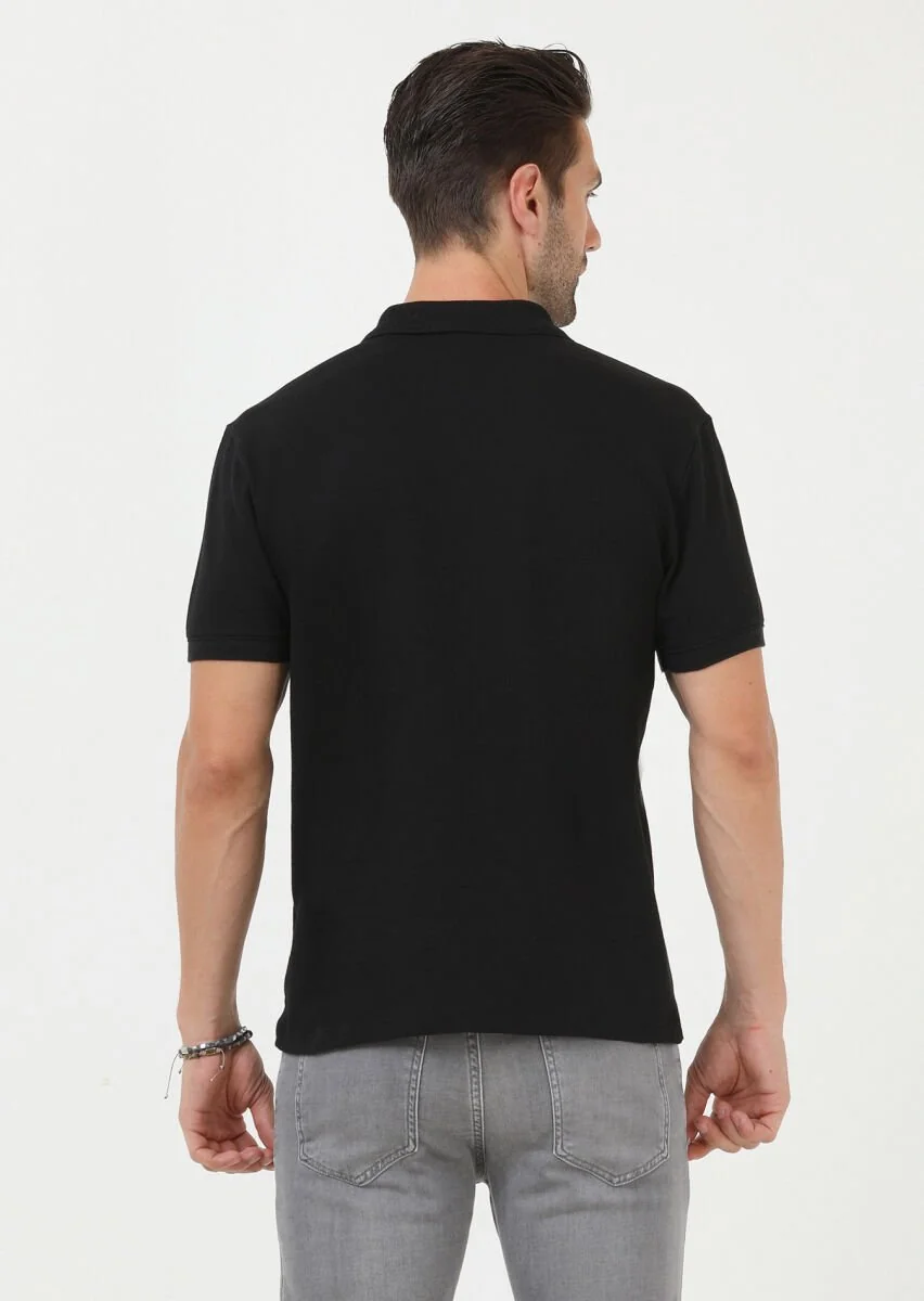 Siyah Jakarlı Polo Yaka %100 Pamuk T-Shirt - 4