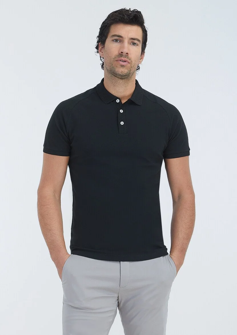 Siyah Jakarlı Polo Yaka %100 Pamuk T-Shirt 