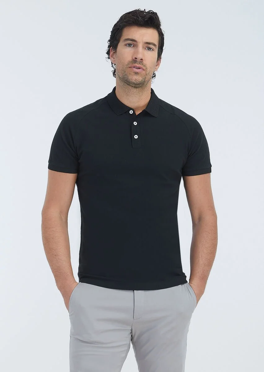 Siyah Jakarlı Polo Yaka %100 Pamuk T-Shirt - 2