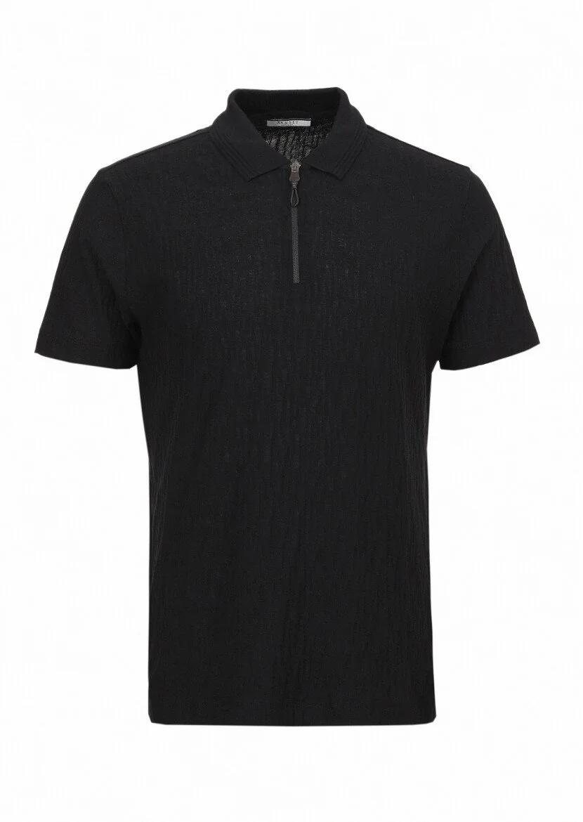 Siyah Jakarlı Polo Yaka %100 Pamuk T-Shirt - 6