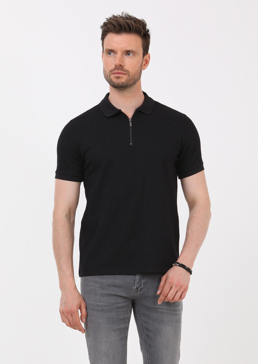 Siyah Jakarlı Polo Yaka Pamuk Karışımlı T-Shirt - 3