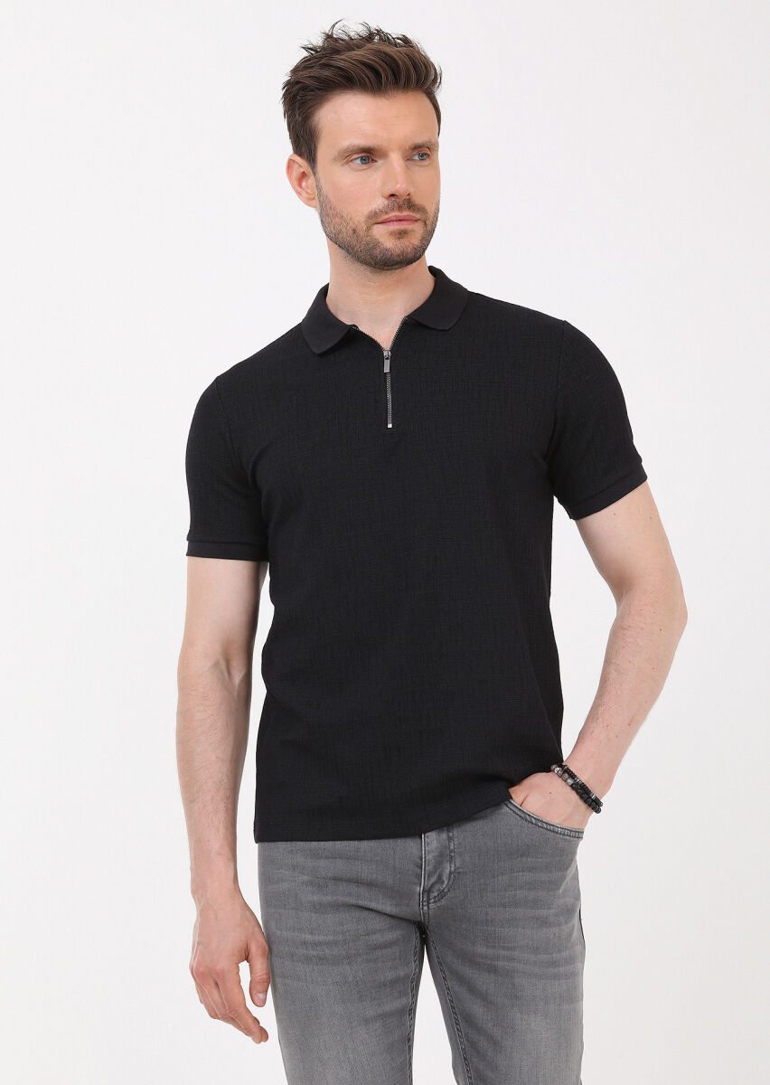 Siyah Jakarlı Polo Yaka Pamuk Karışımlı T-Shirt - 4