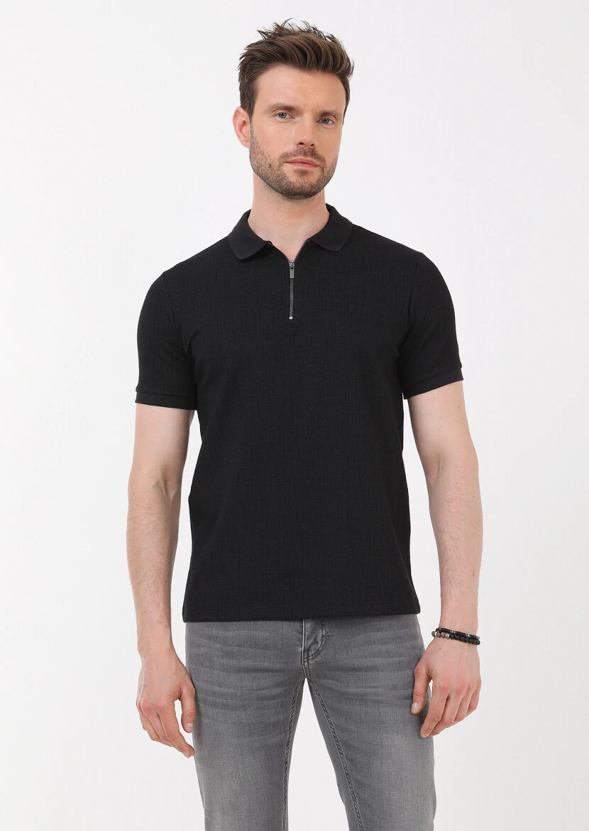 Siyah Jakarlı Polo Yaka Pamuk Karışımlı T-Shirt - 1