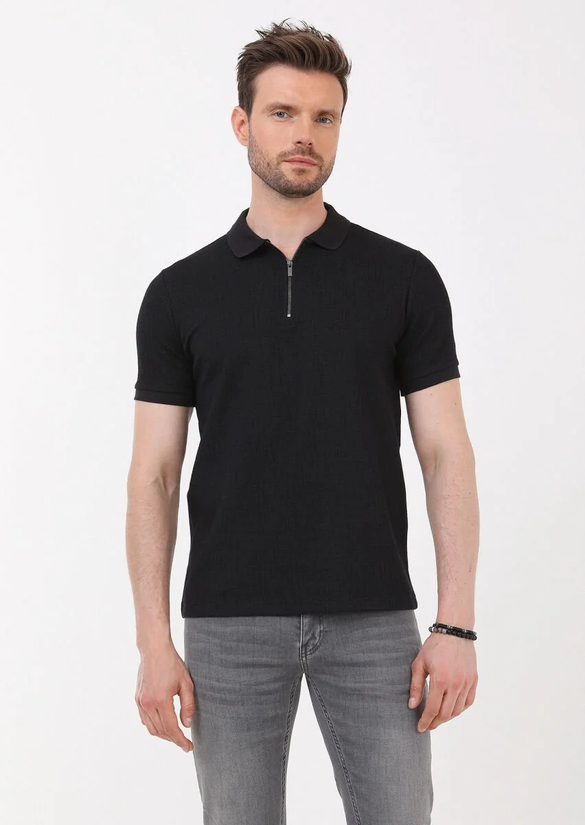 Siyah Jakarlı Polo Yaka Pamuk Karışımlı T-Shirt - 1