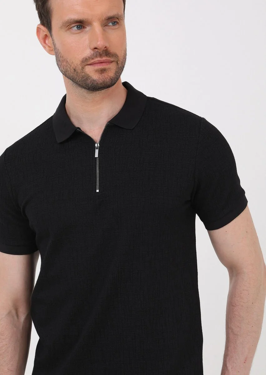 Siyah Jakarlı Polo Yaka Pamuk Karışımlı T-Shirt - 2