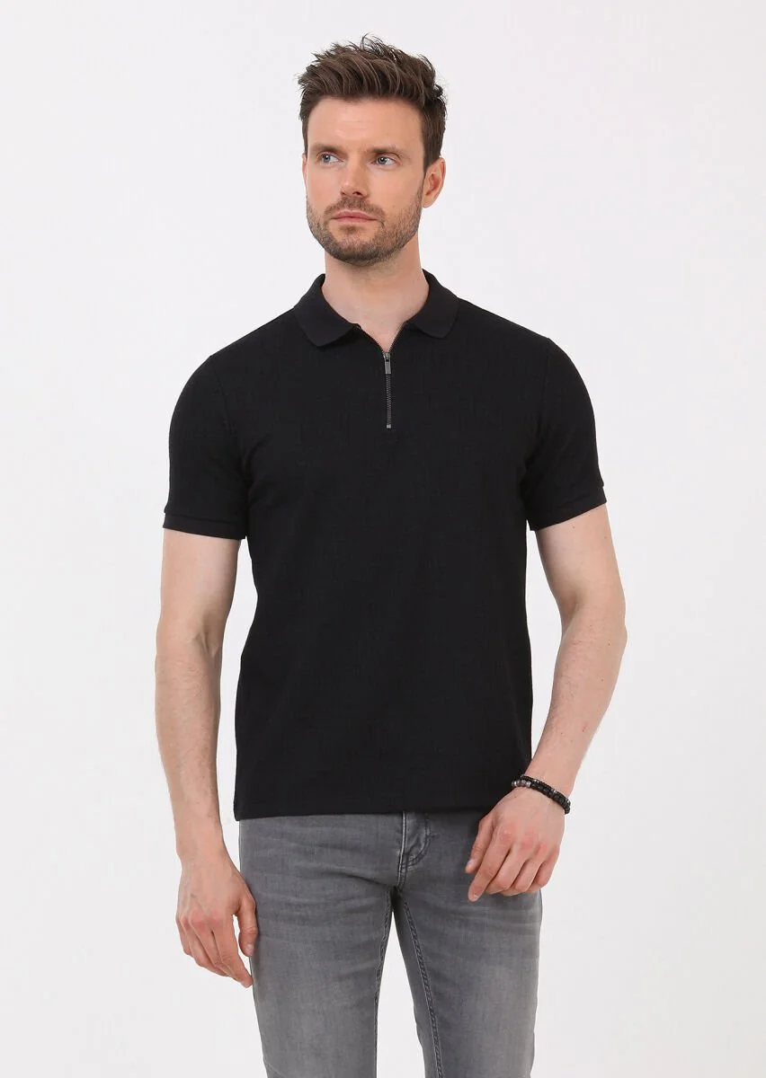 Siyah Jakarlı Polo Yaka Pamuk Karışımlı T-Shirt - 3