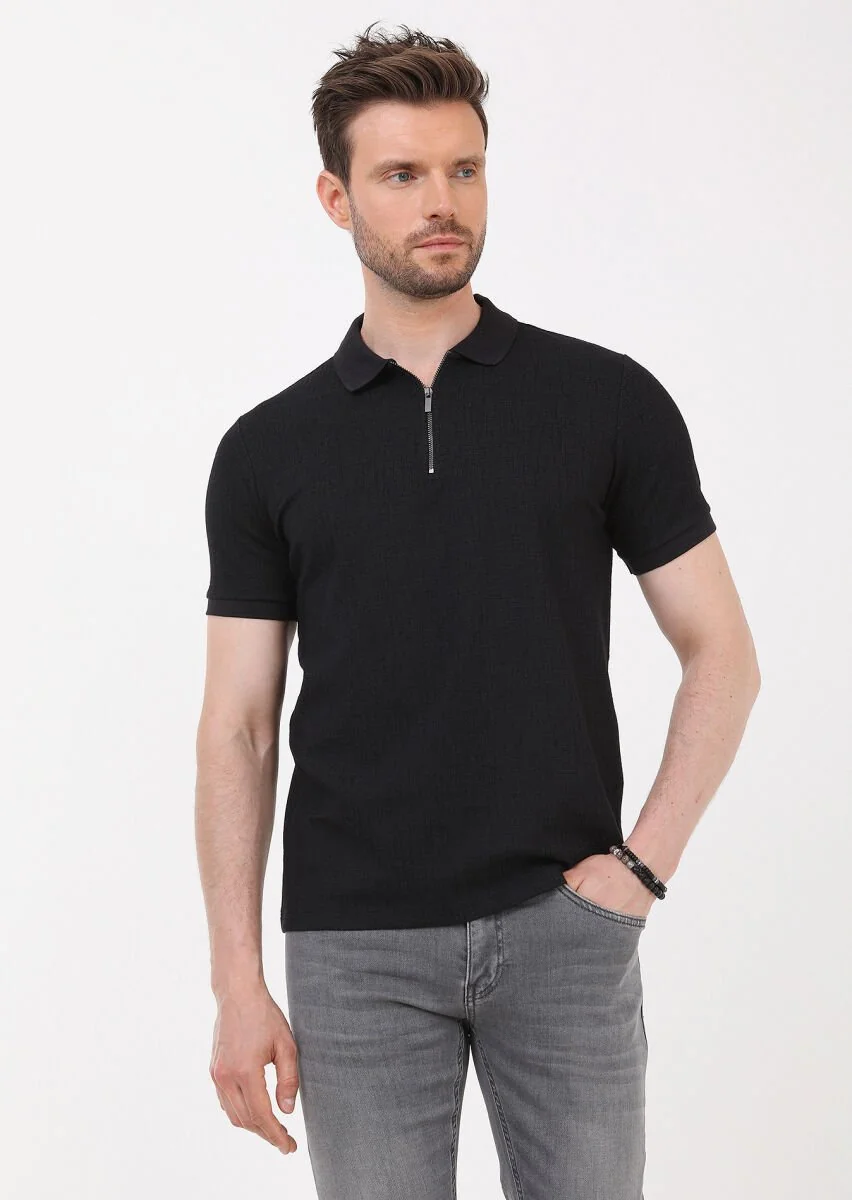 Siyah Jakarlı Polo Yaka Pamuk Karışımlı T-Shirt - 4