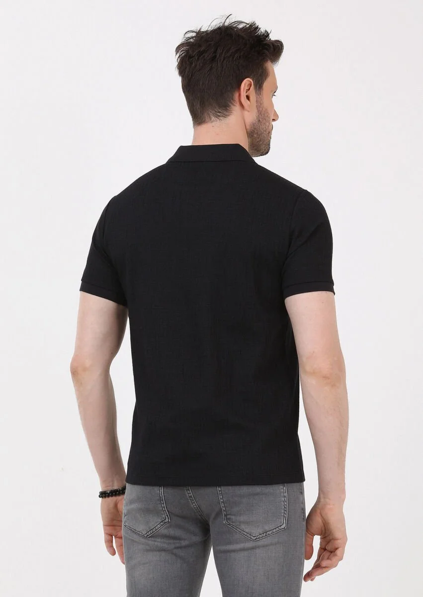 Siyah Jakarlı Polo Yaka Pamuk Karışımlı T-Shirt - 5