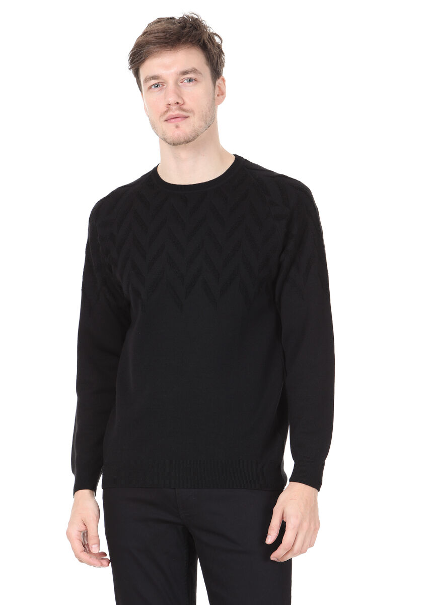 Siyah Jakarlı Yün Karışımlı Triko Kazak - 1